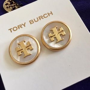 Tory Burch Circle Logo Semi Precious Mother of Pearl Earrings